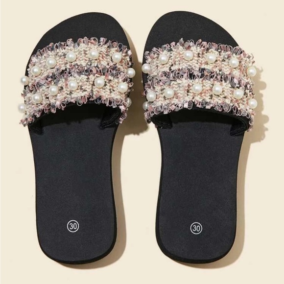Girl Black Cream Embellished Slide Sandals - Picture 1 of 8